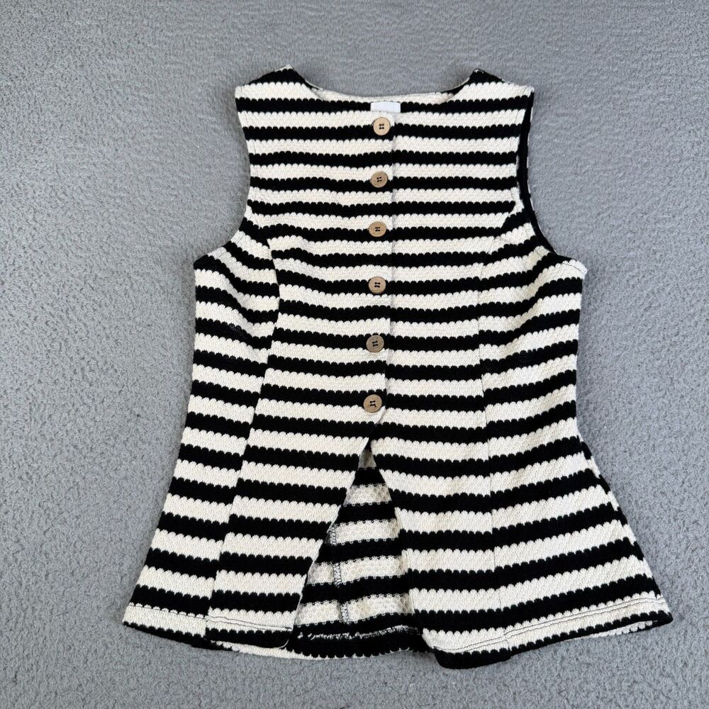 MAEVE Knit Sweater Vest Womens M Black White Striped Peplum Button Sleeveless